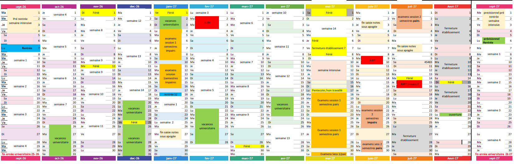 Calendrier 2026-2027